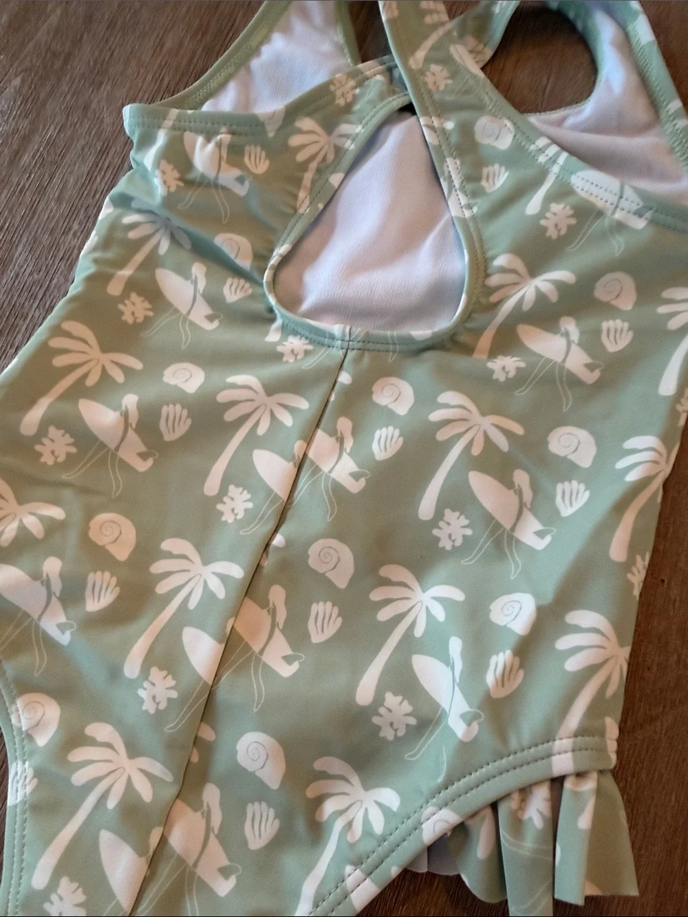 Girls' Mint Green Palm-Print One-Piece Swimsuit with Ruffle Trim